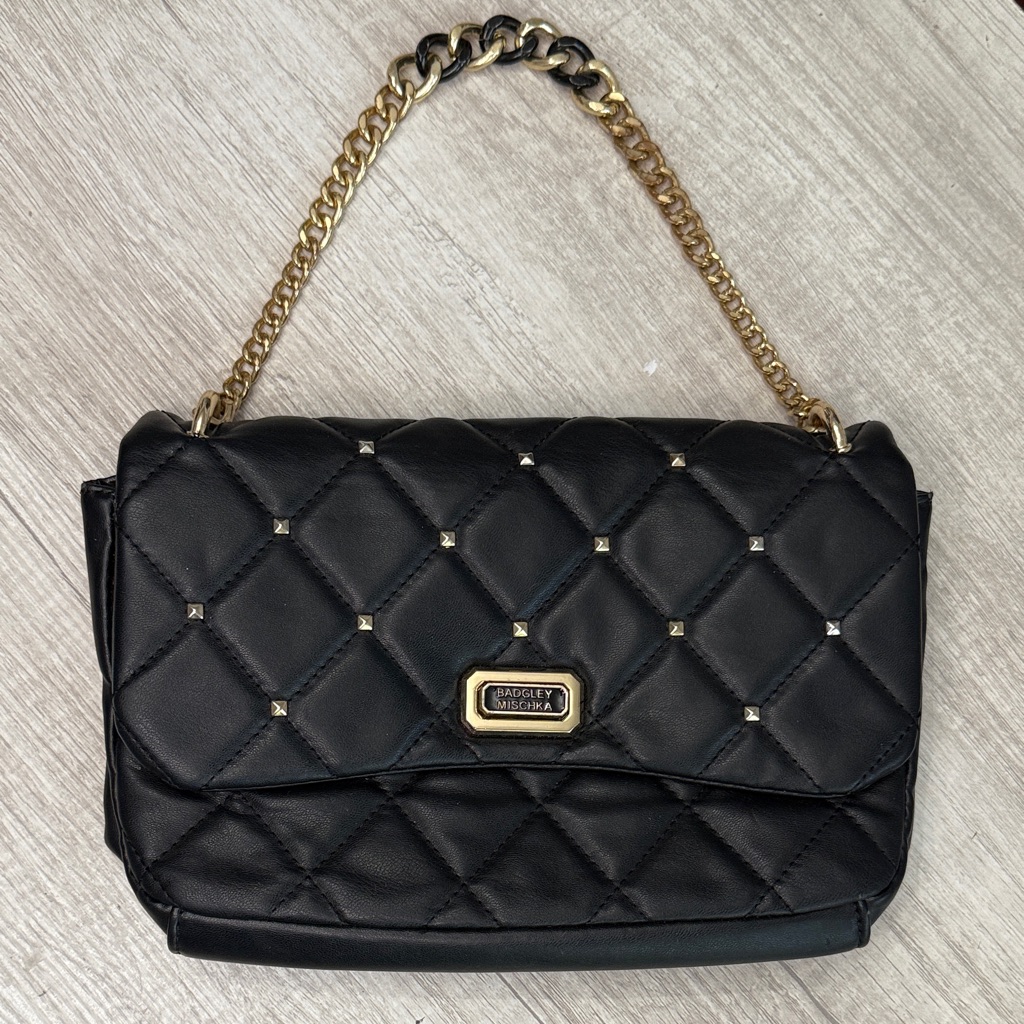 Badgley Mischka Black Quilted Gold Chain Studded Shoulder Bag Purse